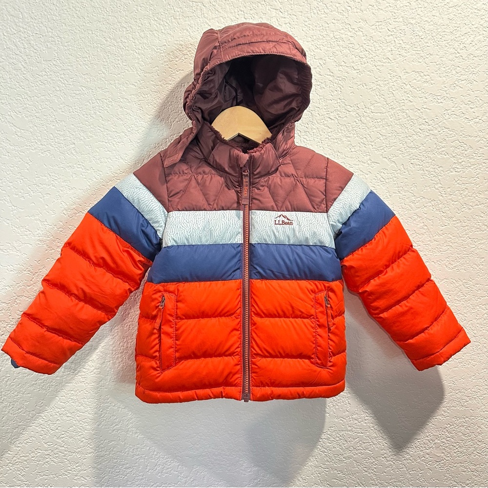 L.L. Bean Kids Colorblock Puffer Jacket in Orange, Blue, Gray, Brown